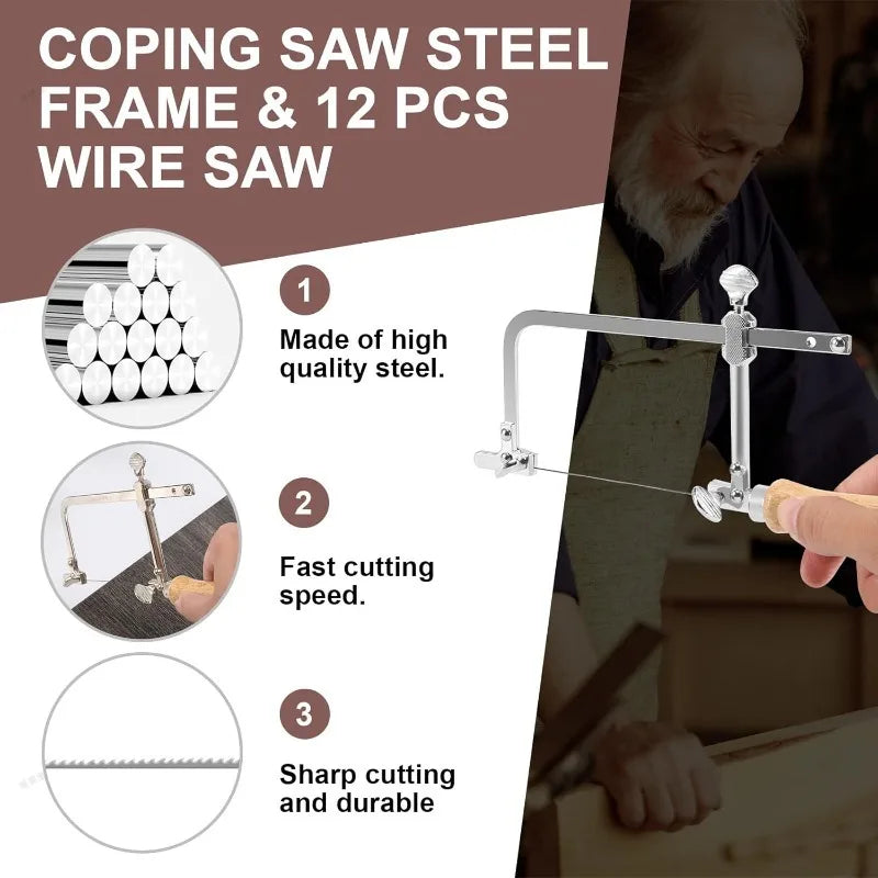 Coping Saw Steel Frame with 12Pcs Blades Jeweler's Saw Frame Kit Adjustable Wax Ring Precision Cutting Metal Saw for Jewelry