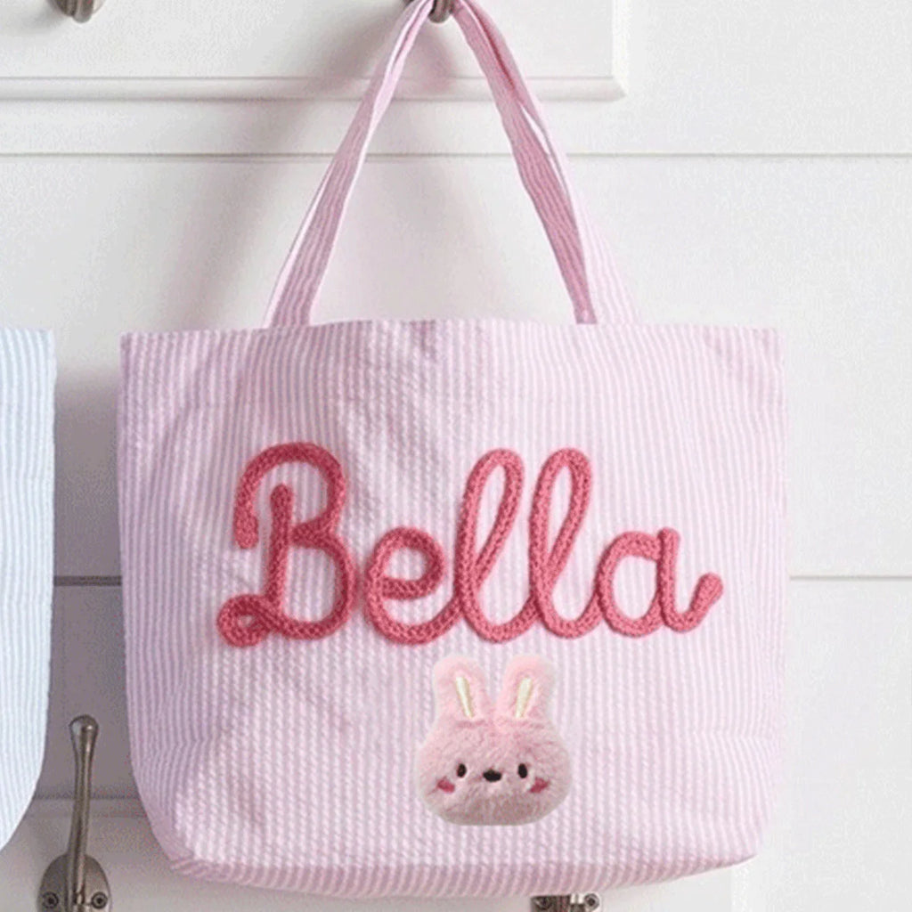 Custom Seersucker Cosmetic Handbag and Travel Organizer — Personalized Chenille Letter Toiletry Bag and Summer Beach Tote