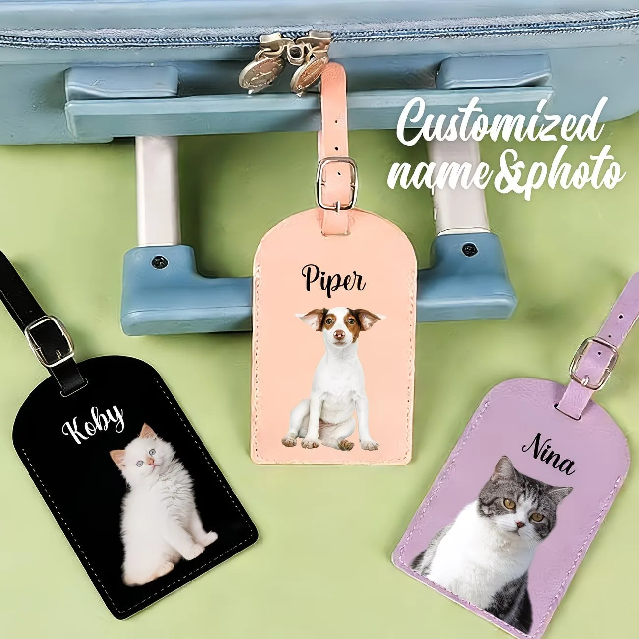 Personalized Faux Leather Luggage Tag with Name & Photo | Custom Travel ID Holder in 5 Colors, Durable PU Bag Tag for Suitcase