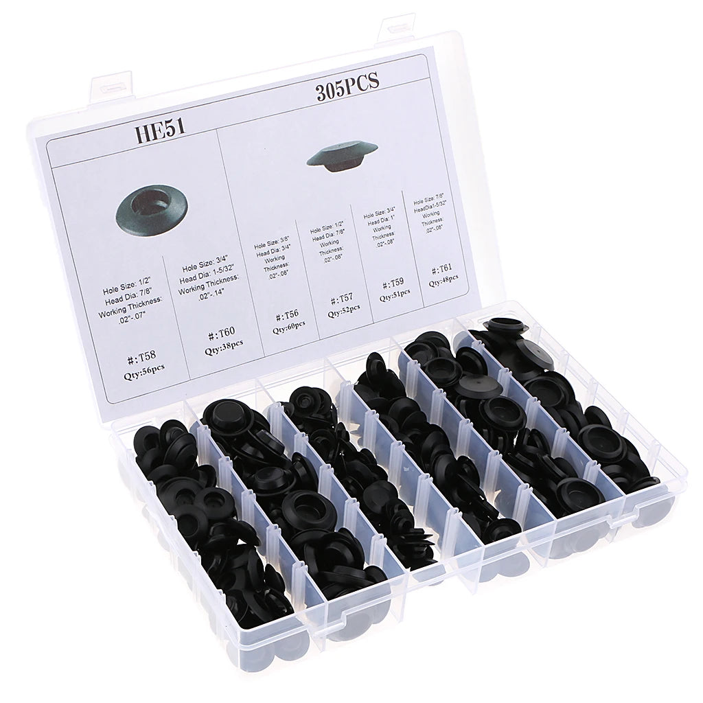 305 Pieces 6 Kinds Rubber Snap-In Blanking Plug Body Hole Bungs Stopper Kits Rubber Snap In Blanking Plug Car Mouldings Trim