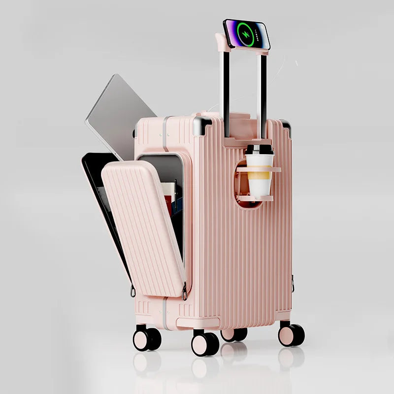 New-style three-opening multifunctional front-opening suitcase, 20-inch PC material with double side pockets, large-capacity tra