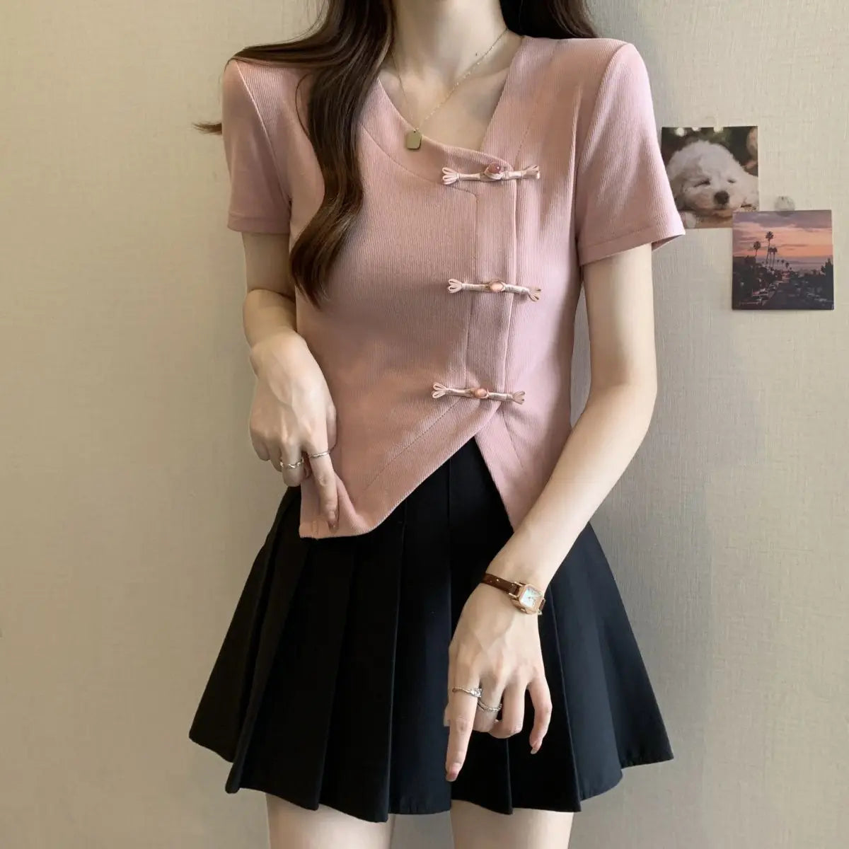 Summer Large-size Women's Clothing New Solid-color Chinese Style Irregular Buckle Slim-fitting V-neck Short-sleeved T-shirt