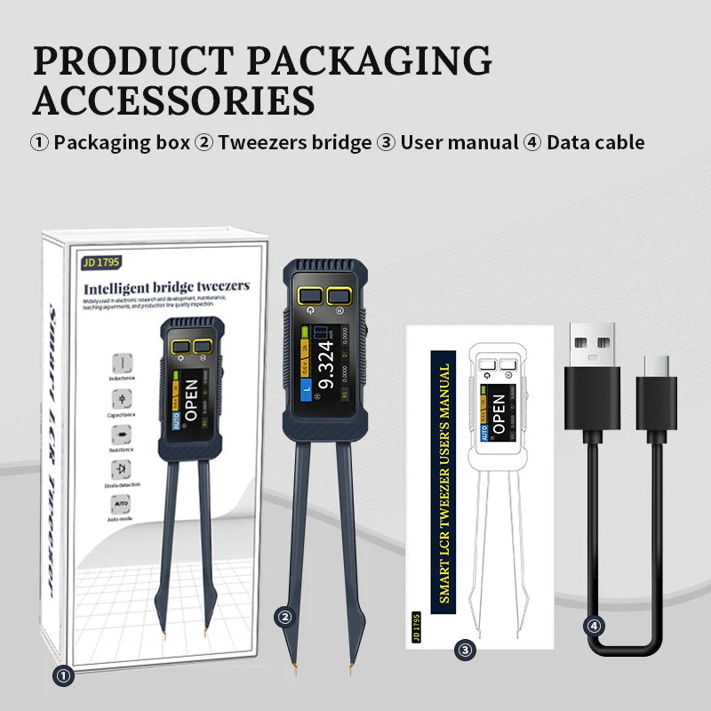 Smart LCR Bridge Tweezer Resistance Inductance Capacitance Diode Tester 100Hz/1KHz/10kHz 0.3V/0.6V Type‑C Portable Meter