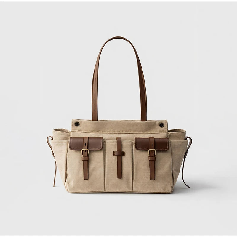 Luxury Canvas Leather Multi-Pocket Tote Bag,Women Zipper Closure Vintage Shoulder Bag,Motorcycle Biker Style Handbag,Lightweight