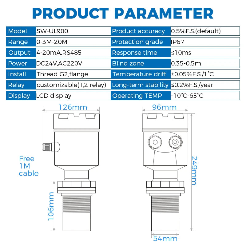 Ultrasonic Level Meter 0-20M Water Tank River Lake Water Level Detection RS485 4-20mA Output DC24V Water Level Sensor