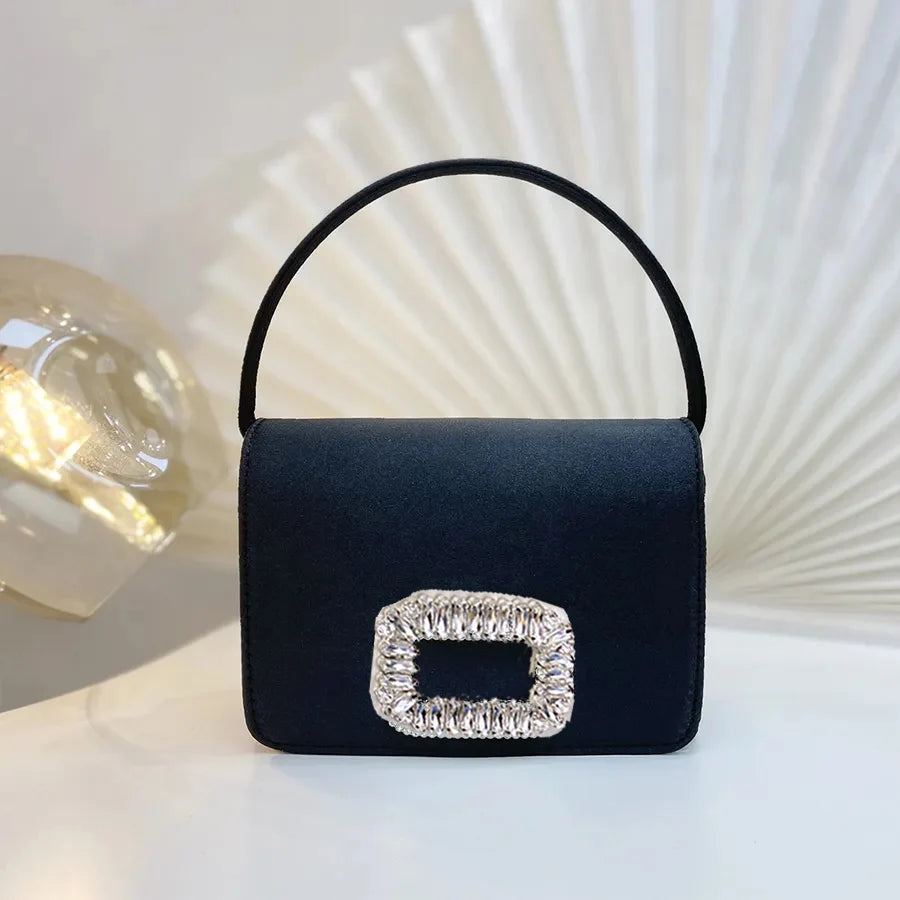 Luxury Diamond Square Button Women's Evening Bag Party Clutch Purses Satin Rhinestone Small Square Bag Chains Shoulder Bag Bolsa