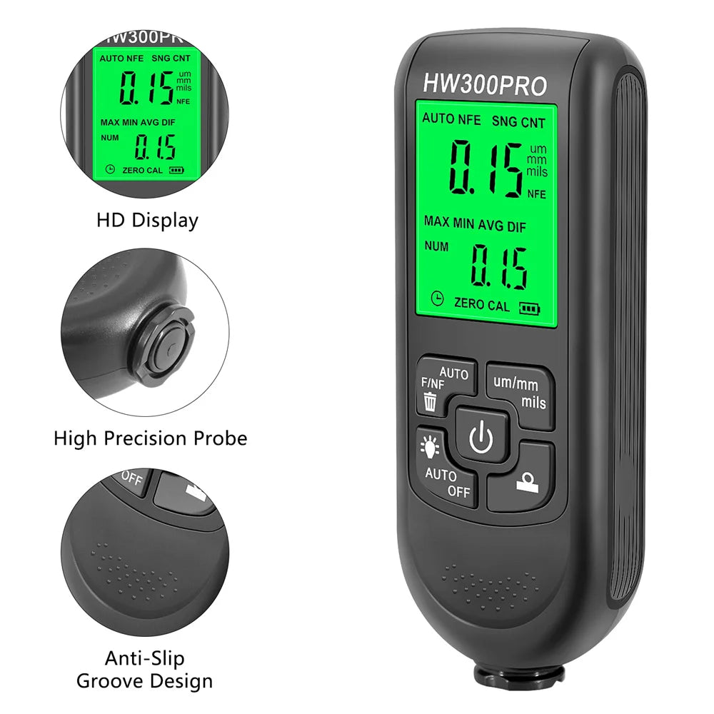 HW300PRO Thickness Gauge for Cars Film Automatic Thickness Gauge 0-2000UM Fe NFE Coating Meter Automotive Paint Thickness Tester