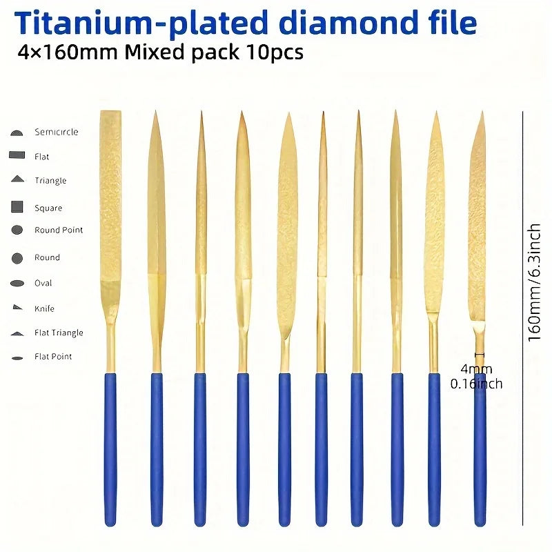1Set Titanium-Plated Diamond File Set High Frequency Quenching Strong and Wear-Resistant - Industrial Grade