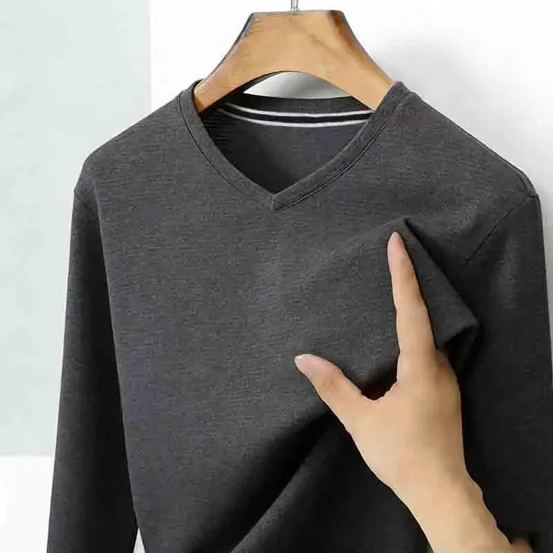 Basic Men's Light Gray V-neck Long Sleeve T-shirt Textured Fabric Casual Top for Everyday Outfits