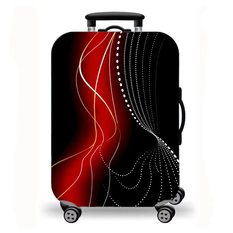 Luggage cover, abstract fluid corrugated lines, black red gold printed elastic protective cover, modern suitcase dust cover