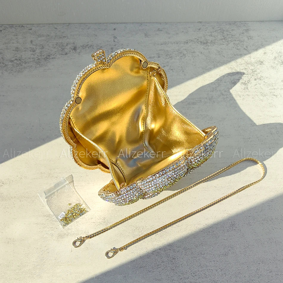 Alizekerr Rose Shaped Crystal Evening Bags Women Gorgeous Boutique Diamond Metal Clutch Purses And Handbags Bridal Wedding Party
