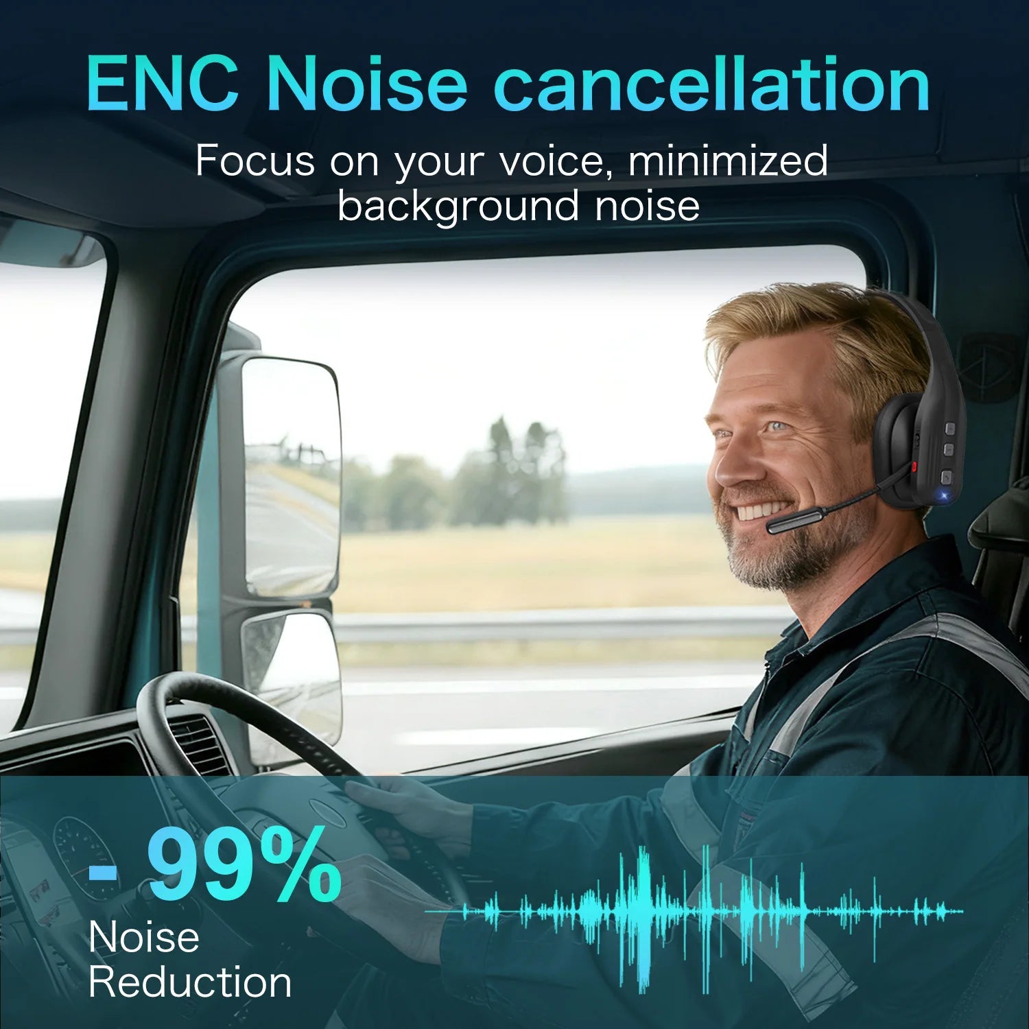 Truck Driver Headset with Dual Mic Noise Cancelling Bluetooth 5.3 Headphones Wireless Earbuds with Hands-Free for Office Driving