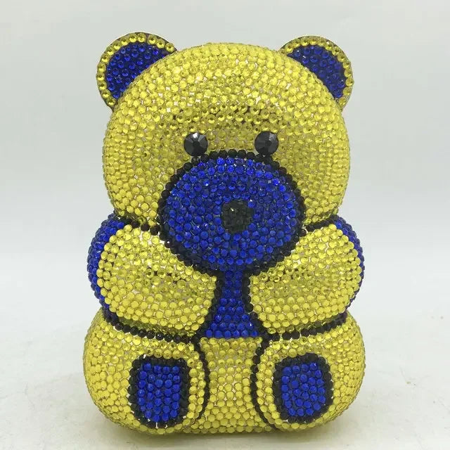 Boutique De FGG Brown Crystal Teddy Bear Evening Clutch Bags for Women Wedding Party Mini Minaudiere Purses and Handbags