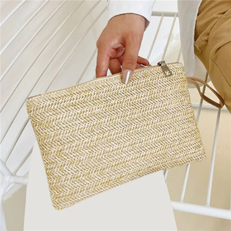 Women Clutch Bag Handmade Backpack Fashion Ladies Wristlet Girl Phone Colorful Straw Woven Coin Purse Beach Wallet Fresh Sweet