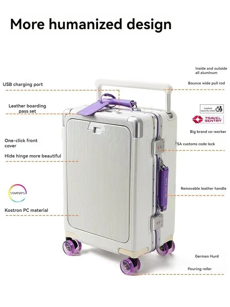Front opening luggage with aluminum frame, ice skating wheel, leather suitcase, pull rod suitcase, women's suitcase, small suitc