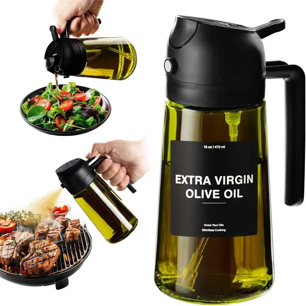 470 ML Oil Sprayer for Cooking, 2-in-1 Olive Oil Dispenser and Oil Bottle with Stickers, Thick Glass Spray Bottle
