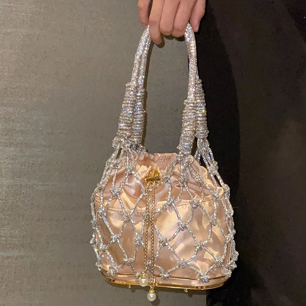 New Spring Summer Hollow Out Women Handbag Shiny Rhinestone Mesh Bag Bucket Shape Underarm Bag Trendy Shoulder Bags For Ladies