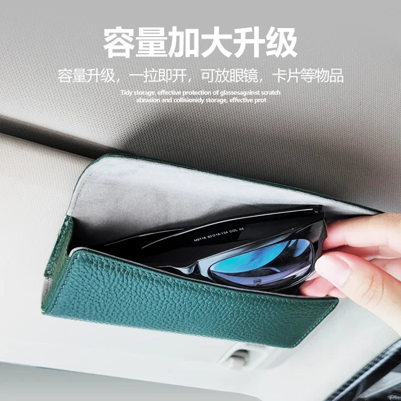 Car Sun Visor Sunglasses Case Hanger Fastener Top layer Cowhide Eyeglasses Holder Card Ticket Storage Box Accessories