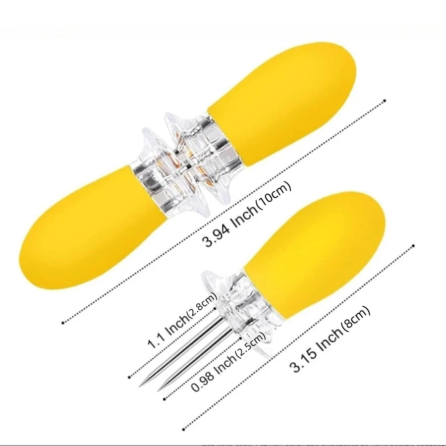 Stainless steel corn cob holder, corn skewer, barbecue fork, fruit fork, with silicone handle and convenient butter spreader