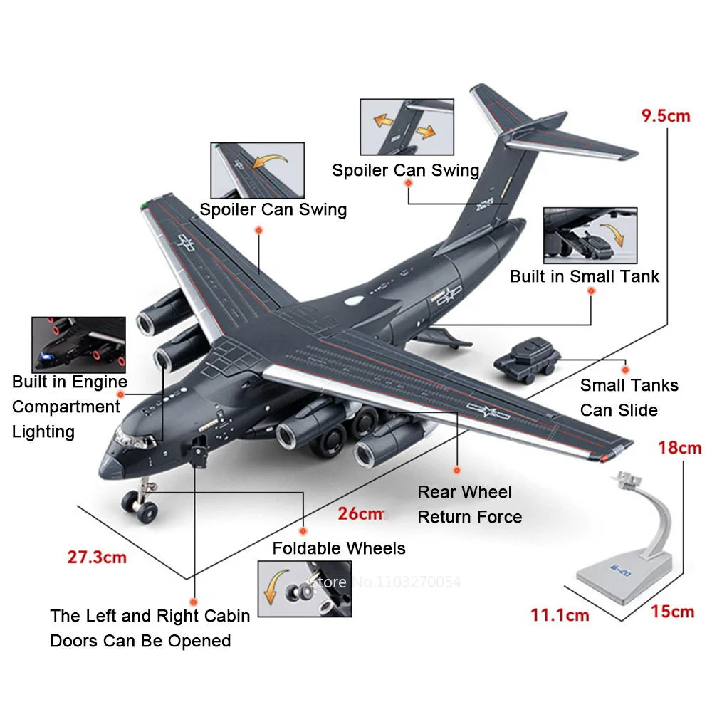 1:180 Alloy Y-20 Transport Aircraft Models Toys Diecast Car with Sound Light Pull Back Cabin Opened Plane Collectibles Boy Gifts