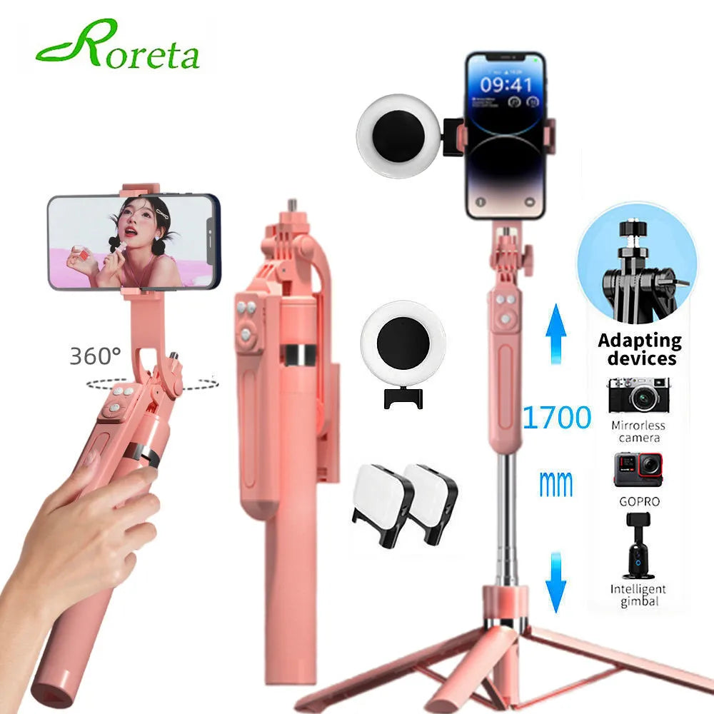 Roreta 360° Rotation 1.7M Selfie Stick Wireless Stand with Light Bluetooth Remote Extendable Tripod for iPhone Live Streaming