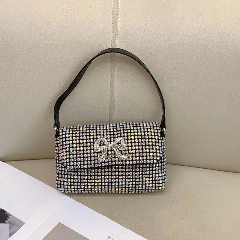 Full Rhinestone Bow Large Capacity Portable Personalized Banquet Diamond Flip Small Square Bag Underarm Crossbody