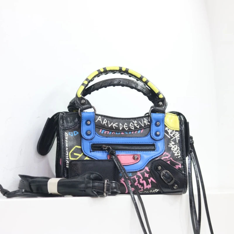 Women Casual Single Shoulder Moto Bag Niche Graffiti Microfiber PU Retro Large Fashion Hand Purse