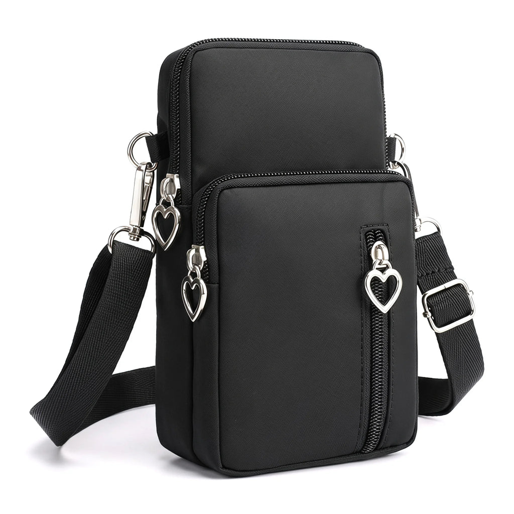 Waterproof Nylon Mini Crossbody Phone Bag for Women Heart Metal Zipper Multi Compartment Shoulder Arm Bag Phone Purse Wallet