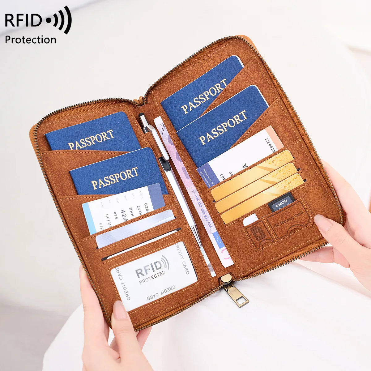Multi-Functional RFID Blocking Passport Bag Travel Document Holder with Long Zipper Ticket Storage Wallet for Multiple Passports