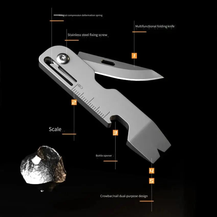 Multifunctional titanium alloy gadget: keychain folding knife, mini bottle opener, small crowbar, outdoor EDC tool