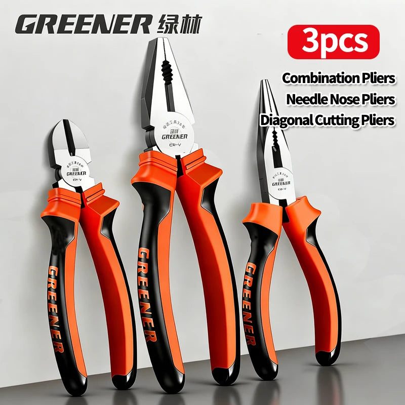 GREENERY 3pcs Pliers Set Combination Long Nose Diagonal Cutting Pliers Chrome Vanadium High Hardness for Home Electrician Tool