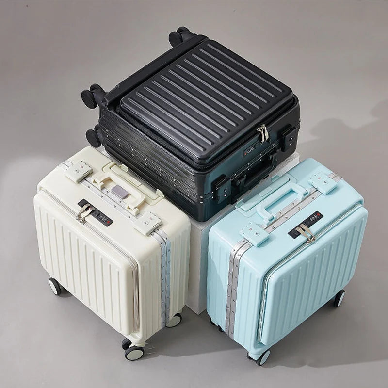 Small Suitcase 2026 Aluminium Frame Front Opening 16–20 inch Cabin Luggage Business Travel Trolley Suitcase for Men and Women