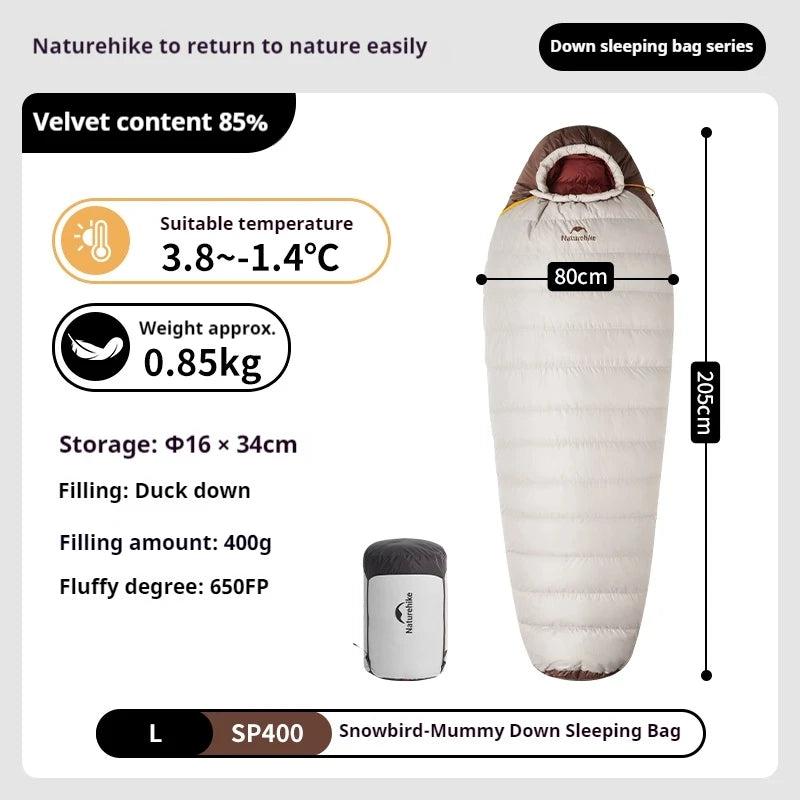 Naturehike Snowbird Mummy Sleeping Bag SP400/SP550/SP700/SP1000 for Outdoor Hiking Travel Winter Warm Duck Down Sleeping Bag