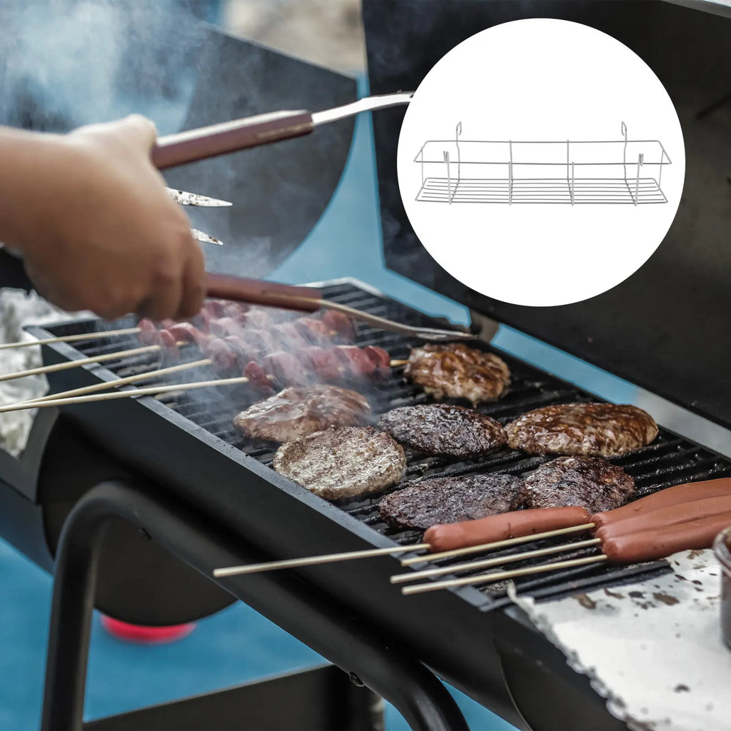 Stainless Steel Bbq Storage Basket Curved Hooks Grill Side Hanging Rack Outdoor Picnic Cooking Tool Holder Camping Cookware