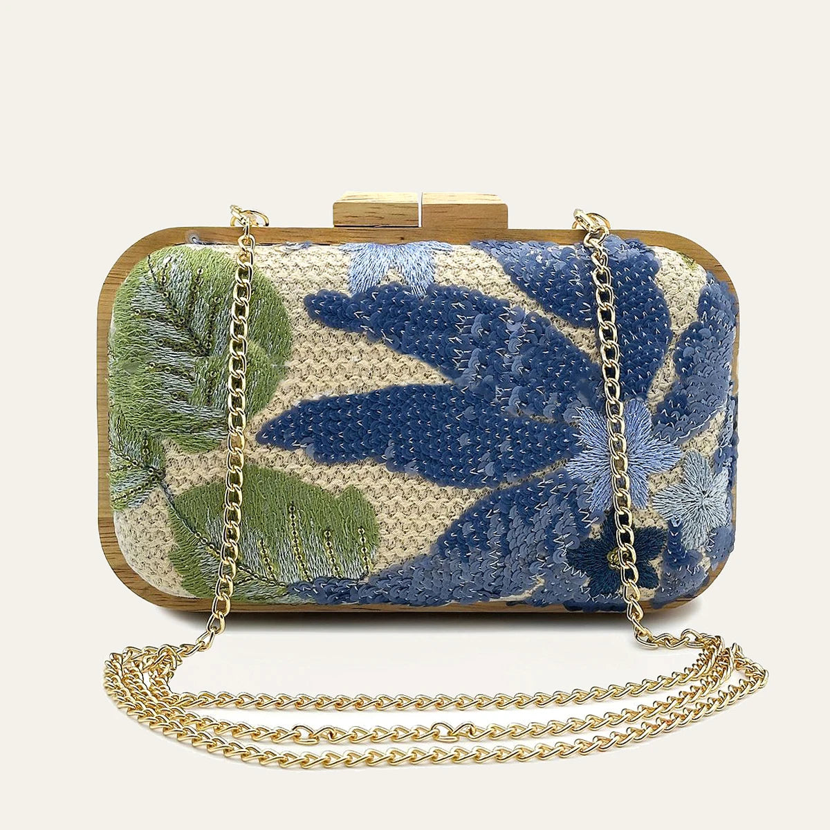 Women's Fashion Wood Kiss Lock Straw Woven Handbag Random Floral Pattern Sequined Embroidery Clutch Bag Long Chain Purse Travel