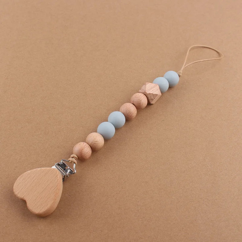 Baby products cartoon love beechwood pacifier clip creative baby silicone beads bite teeth pacifier chain