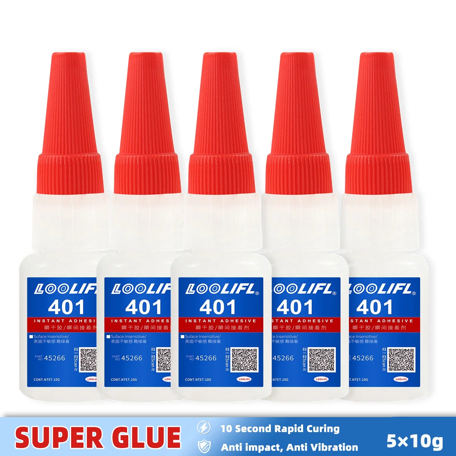 LOOLIFL 401 Super Glue 5×20g, Liquid Glue10s Fast Drying Cyanoacrylate Adhesive, Strong Bond for Plastic Metal Wood Ceramic Repa