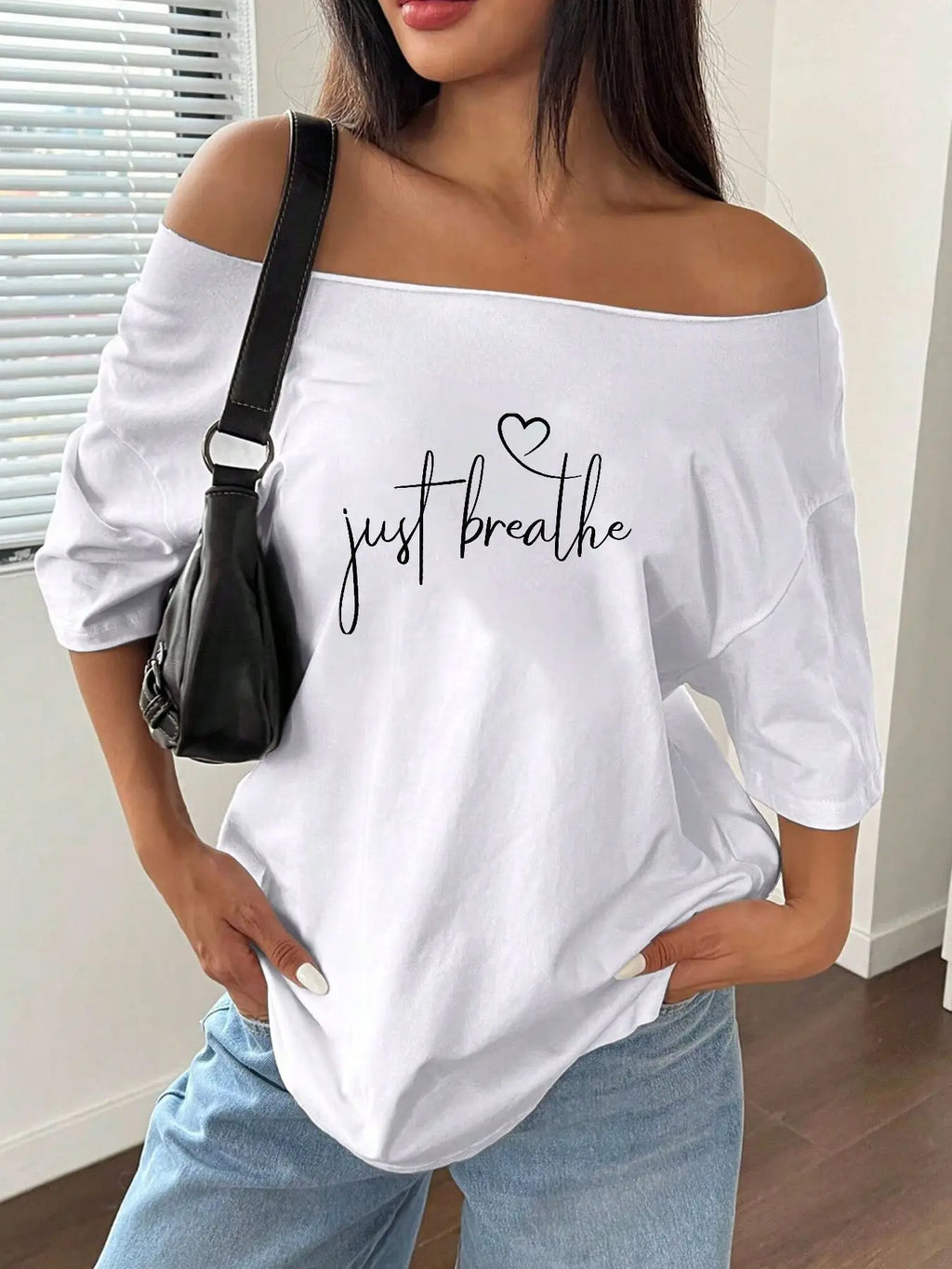 100% Cotton Plus Size Just Breathe Heart Letter Print Shoulder Loose Print T-Shirt Oversized Y2K Style Graphic Tees Women Top
