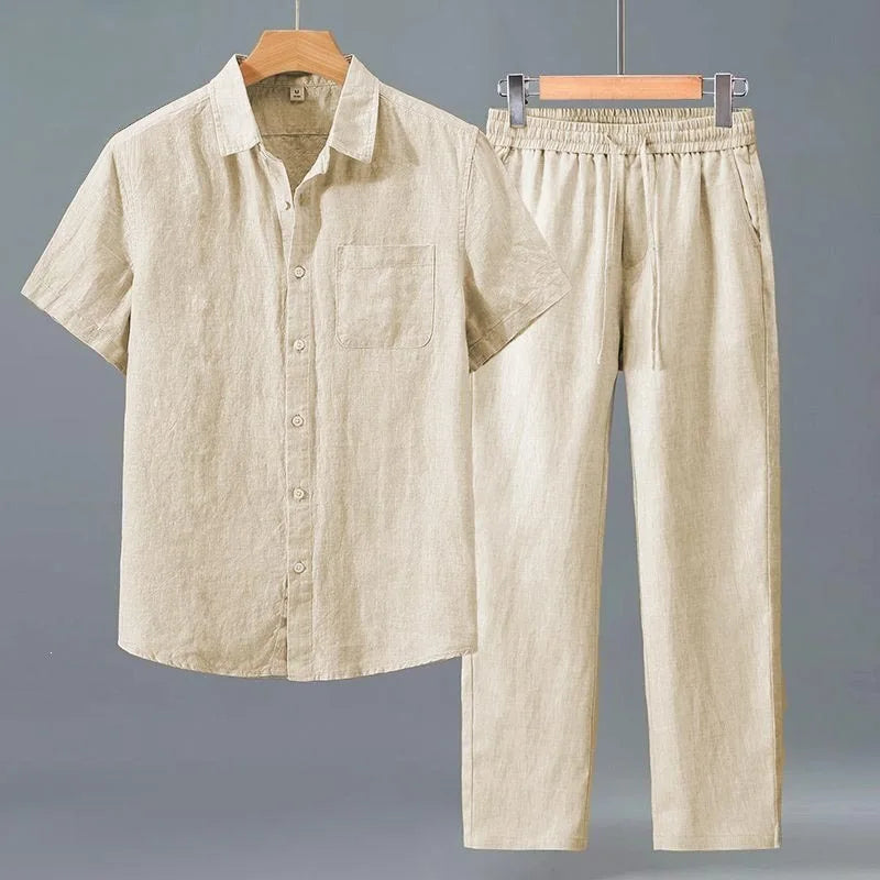 Mens Pure Linen Matching Outfit Short Sleeve Button Shirt Elastic Waist Trousers Two Piece Suit Lightweight Summer Daily Streetw