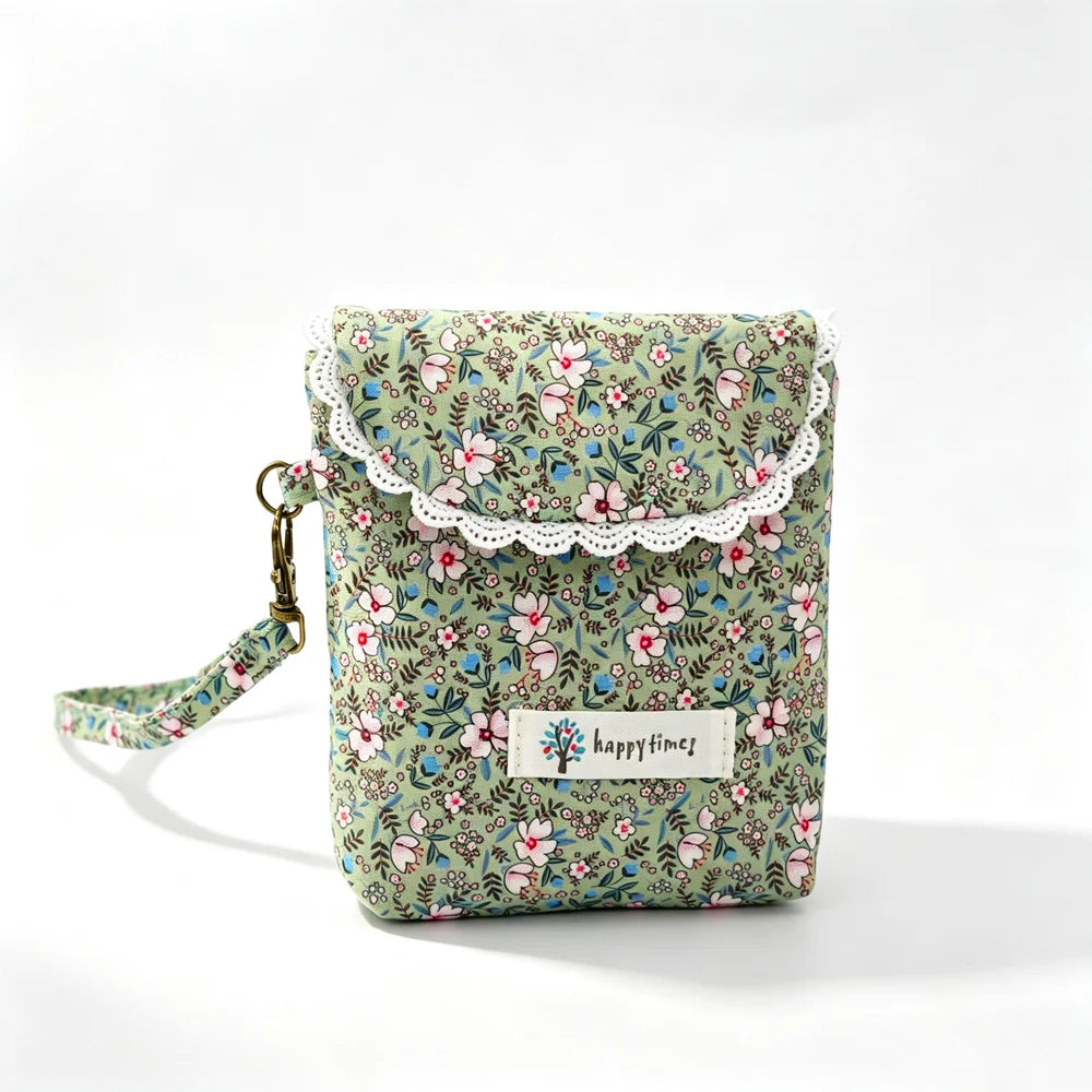 Cute Floral Lace Edge Mini Wristlet Bag, Canvas Flap Phone Purse With Detachable Strap, Portable Card Coin Storage Pouch For Lad