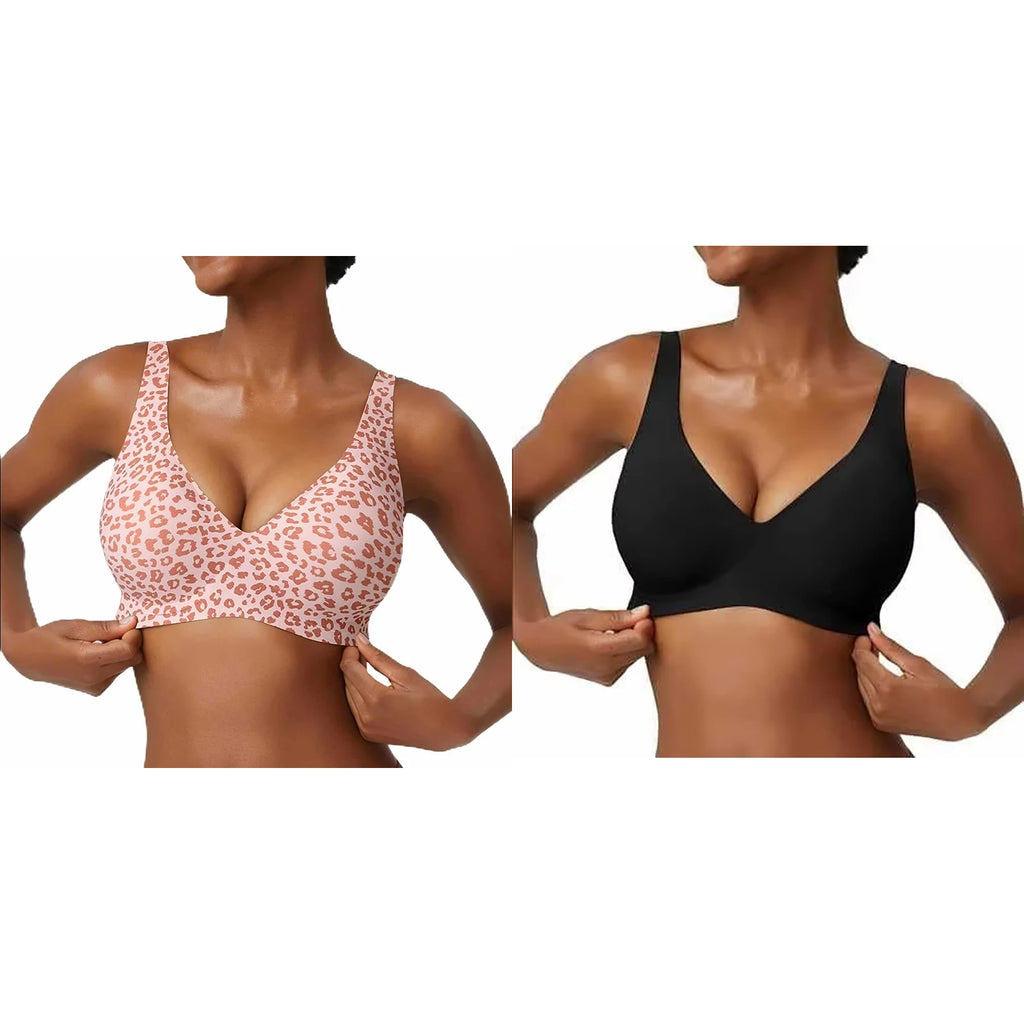 Women's Seamless Pink Leopard Print Bra Wire-Free Bra Full Cup Soft Thin Mold Support Breathable and Beauty Deep V Plus Up Bra