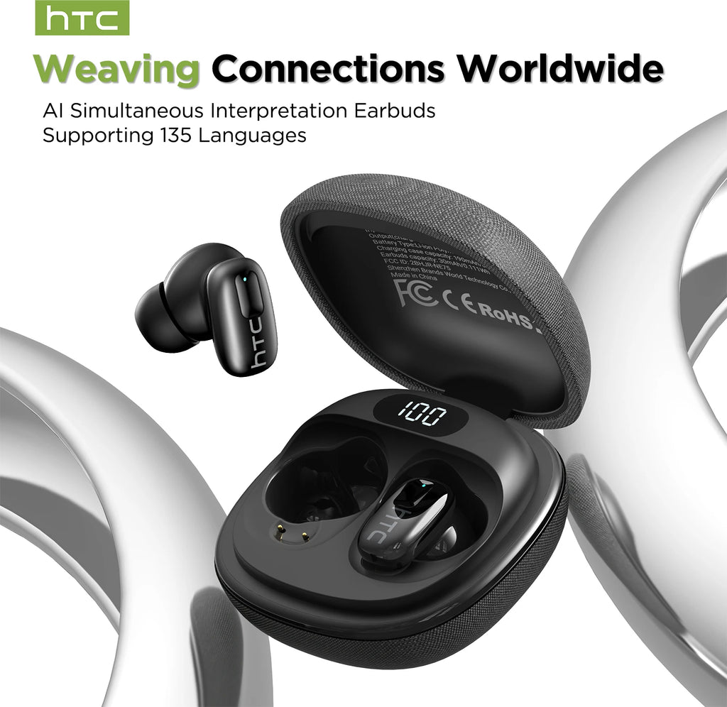 HTC NE75 Bluetooth Earphones Long Battery Soft Wireless Headphones AI translator Earbud 135 Language Low Latency Battery Display