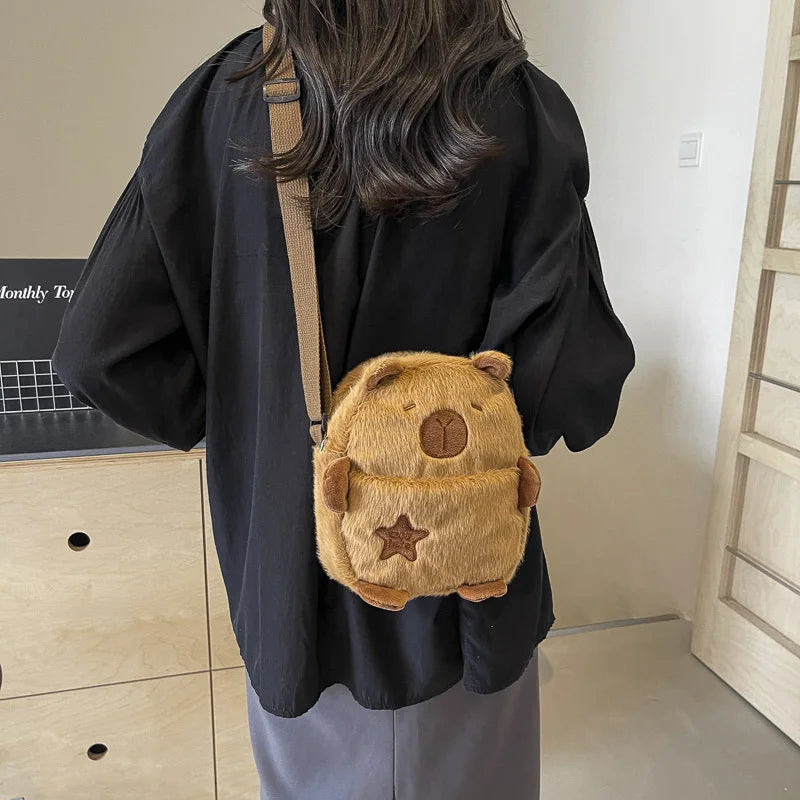 Cute Plush Capybara Crossbody Bag Large Capacity Shoulder Bag Cartoon Girls Coin Purse Zipper Plush Mobile Phone Pouch