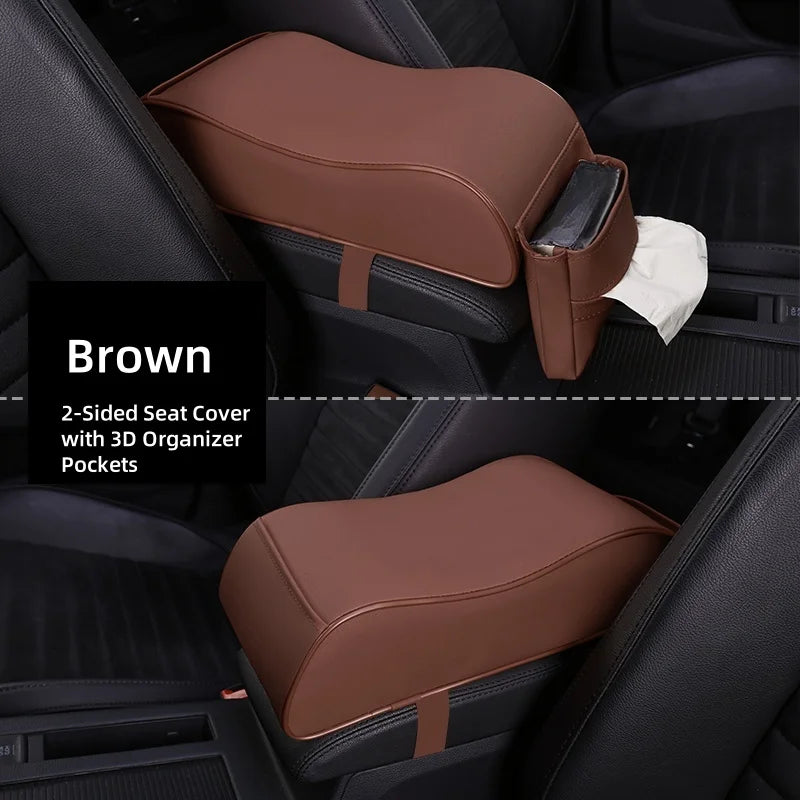 PU Leather Car Center Console Armrest Pad Ergonomic Curve Shape Tissue Pocket Storage Car Interior Gifts