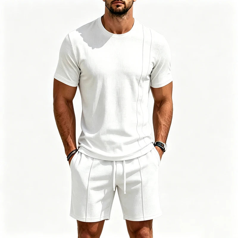 2026 New Men Waffle Knit 2 Piece Outfit Round Neck Short Sleeve Tee Drawstring Shorts Summer Casual Matching Set