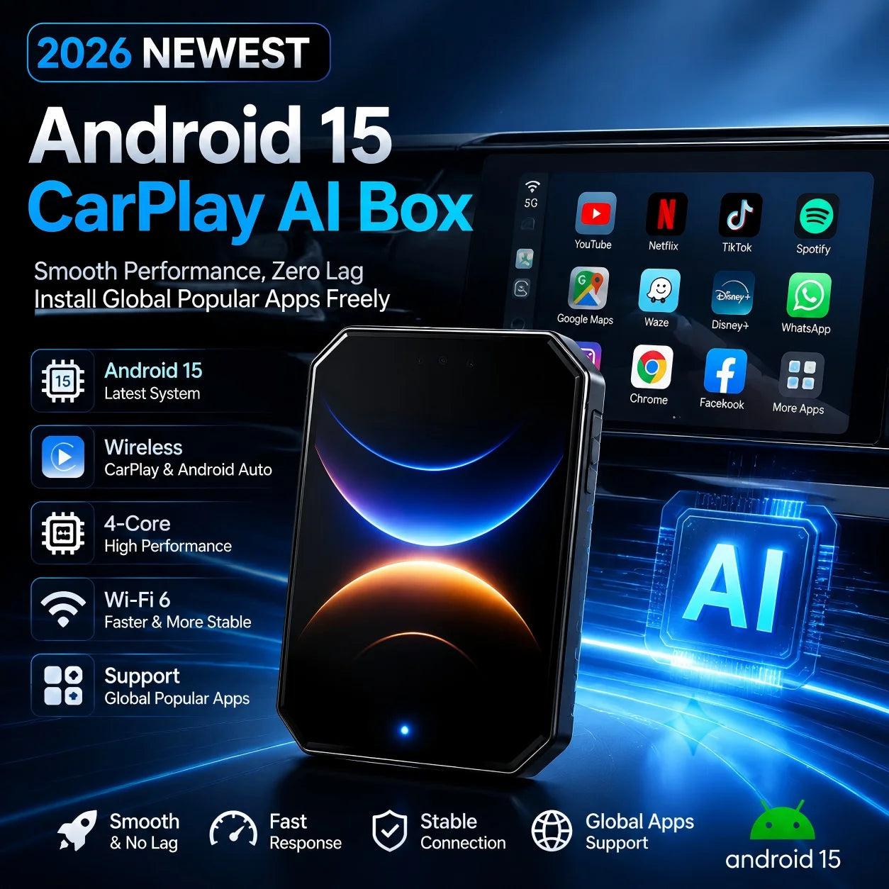CarPlay Smart AI Box Wireless CarPlay & Android Auto Adapter Plug & Play Support More Apps For OEM Factory Wired CarPlay Cars