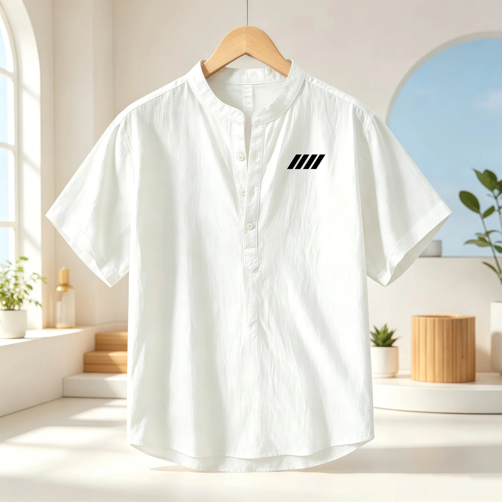 Men's cotton and linen Henry collar short sleeved shirt, geometric print breathable casual top, loose stand collar lightweight