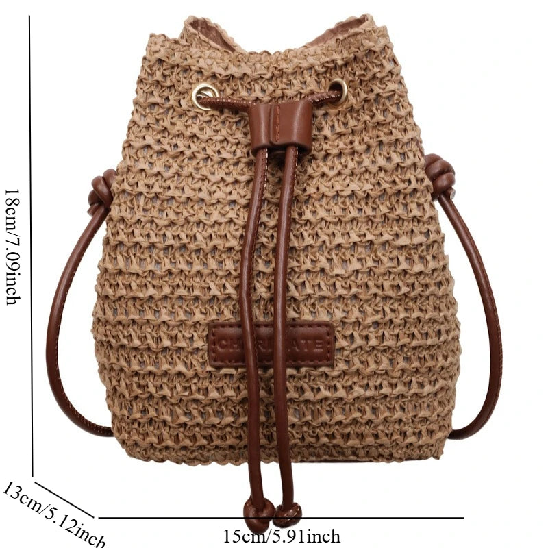 New Women Handmade Woven Mini Crossbody Bag Fashion Versatile Beach Straw Woven Bucket Purse Casual Simple Shoulder Underarm Bag