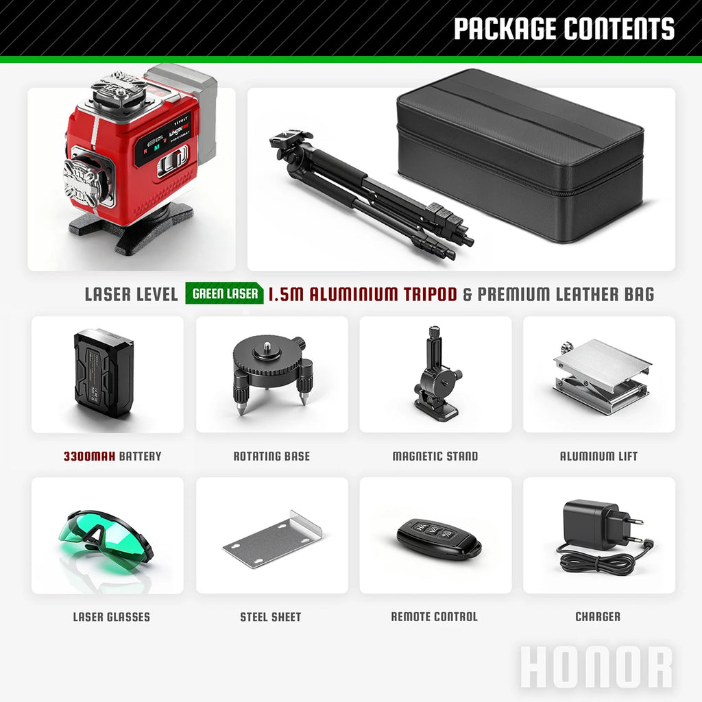 YEVOLT 16-Line Laser Level (Red/Green Beam Choices) 360° Rotatable Bottom & Laser Window Touch Panel Operation Power Display