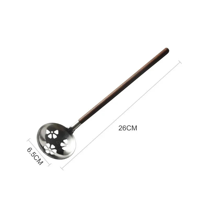 Japanese Wooden Handle Soup Spoon 304 Stainless Steel Mini Strainer Spoon Spatula Hot Pot Ladle Tableware Colander Cooking Tools